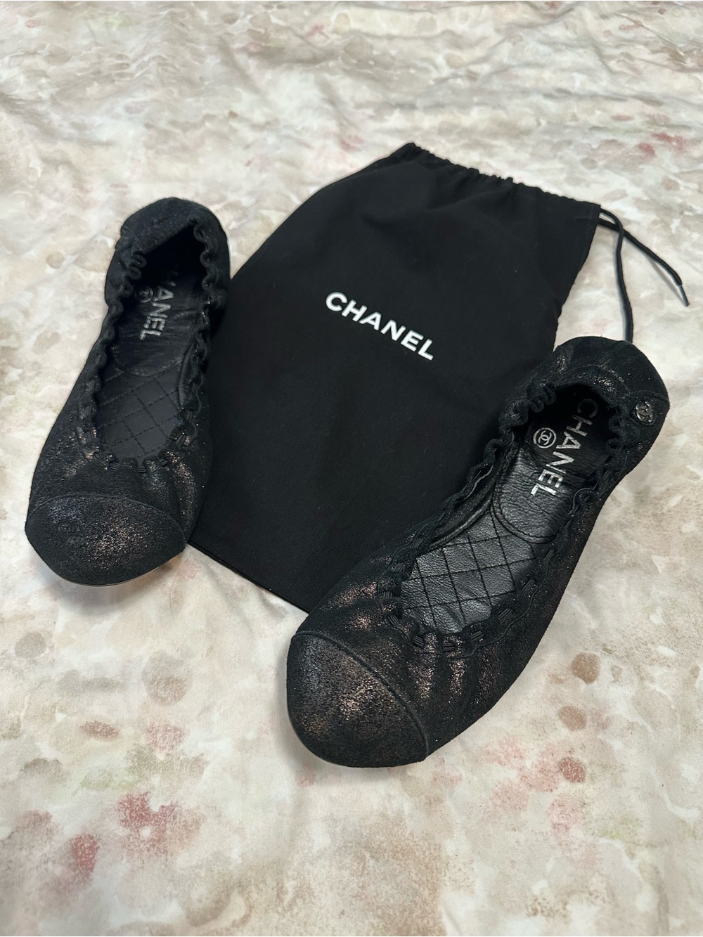CHANEL Black Quilted Leather Slip-On Ballet Flats with Branded Dust Bag